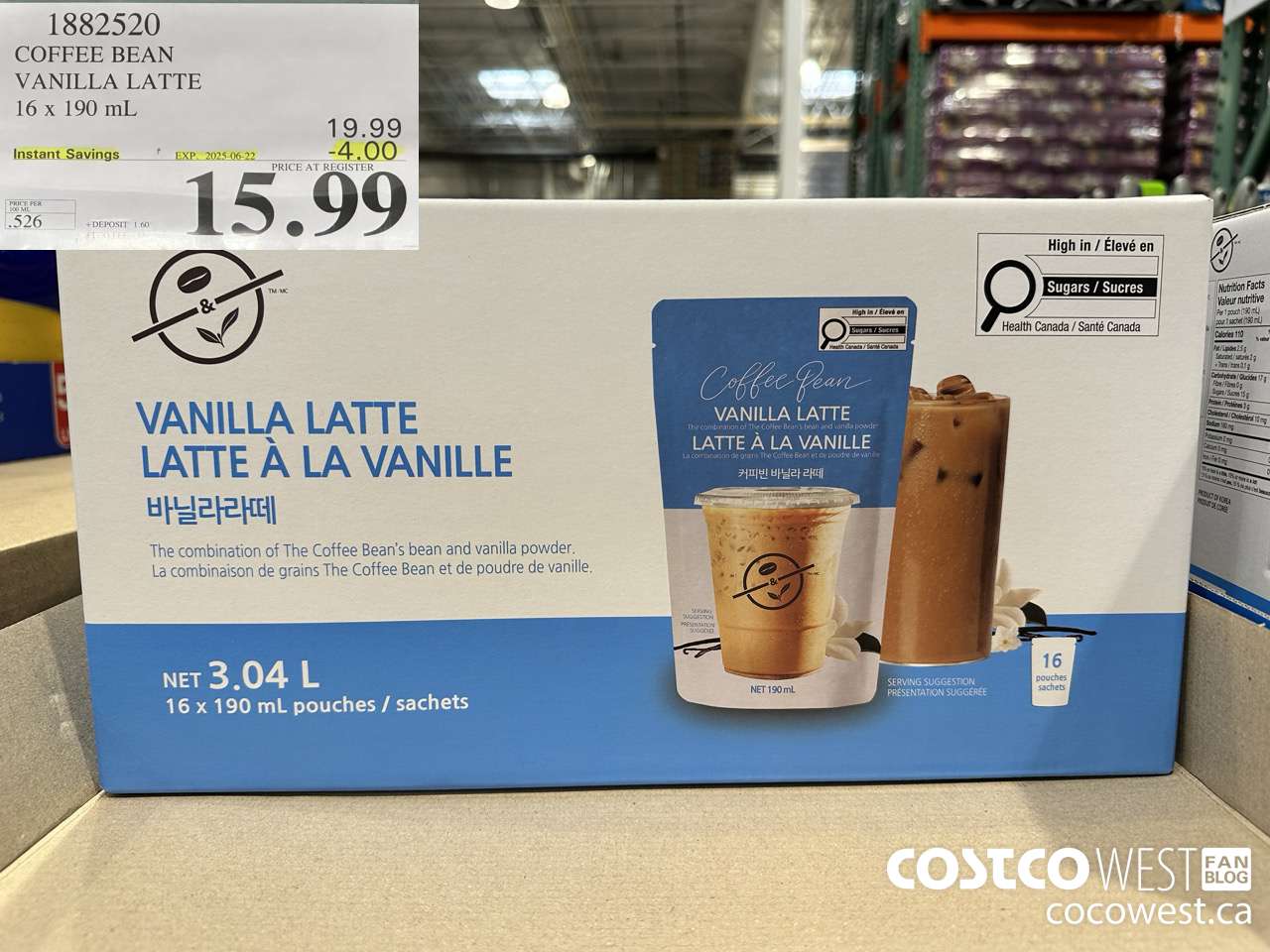 1882520 COFFEE BEAN VANILLA LATTE 16 X 190ML ($4.00 INSTANT SAVINGS EXPIRES ON 2025-06-22) $15.99