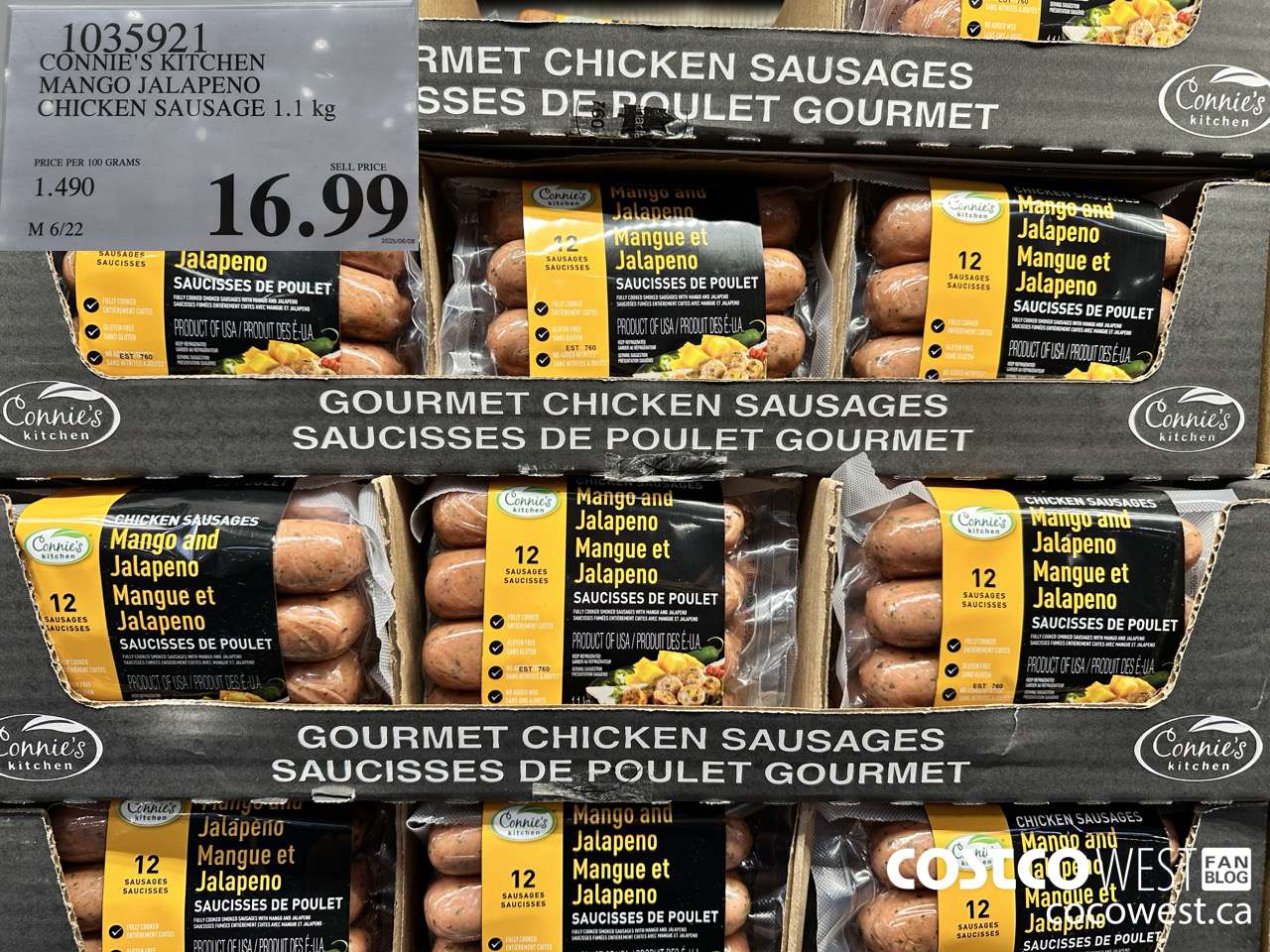 1035921 CONNIE'S KITCHEN MANGO JALAPENO CHICKEN SAUSAGE 1.1 KG $16.99