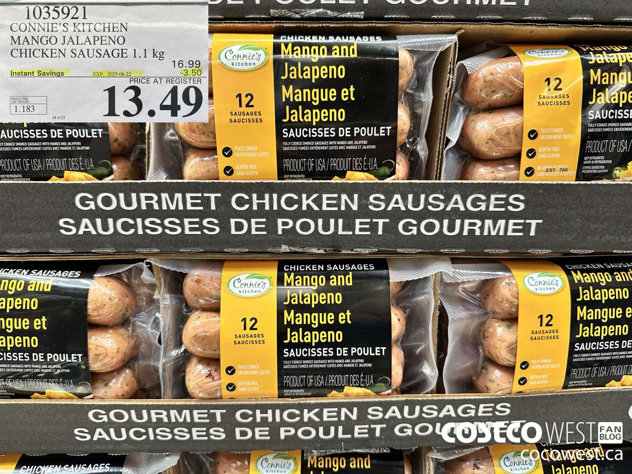 1035921 CONNIE'S KITCHEN MANGO JALAPENO CHICKEN SAUSAGE 1.1 KG ($3.50 INSTANT SAVINGS EXPIRES ON 2025-06-22) $13.49