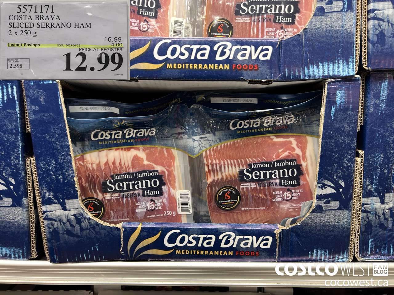 5571171 COSTA BRAVA SLICED SERRANO HAM 2 X 250G ($4.00 INSTANT SAVINGS EXPIRES ON 2025-06-22) $12.99