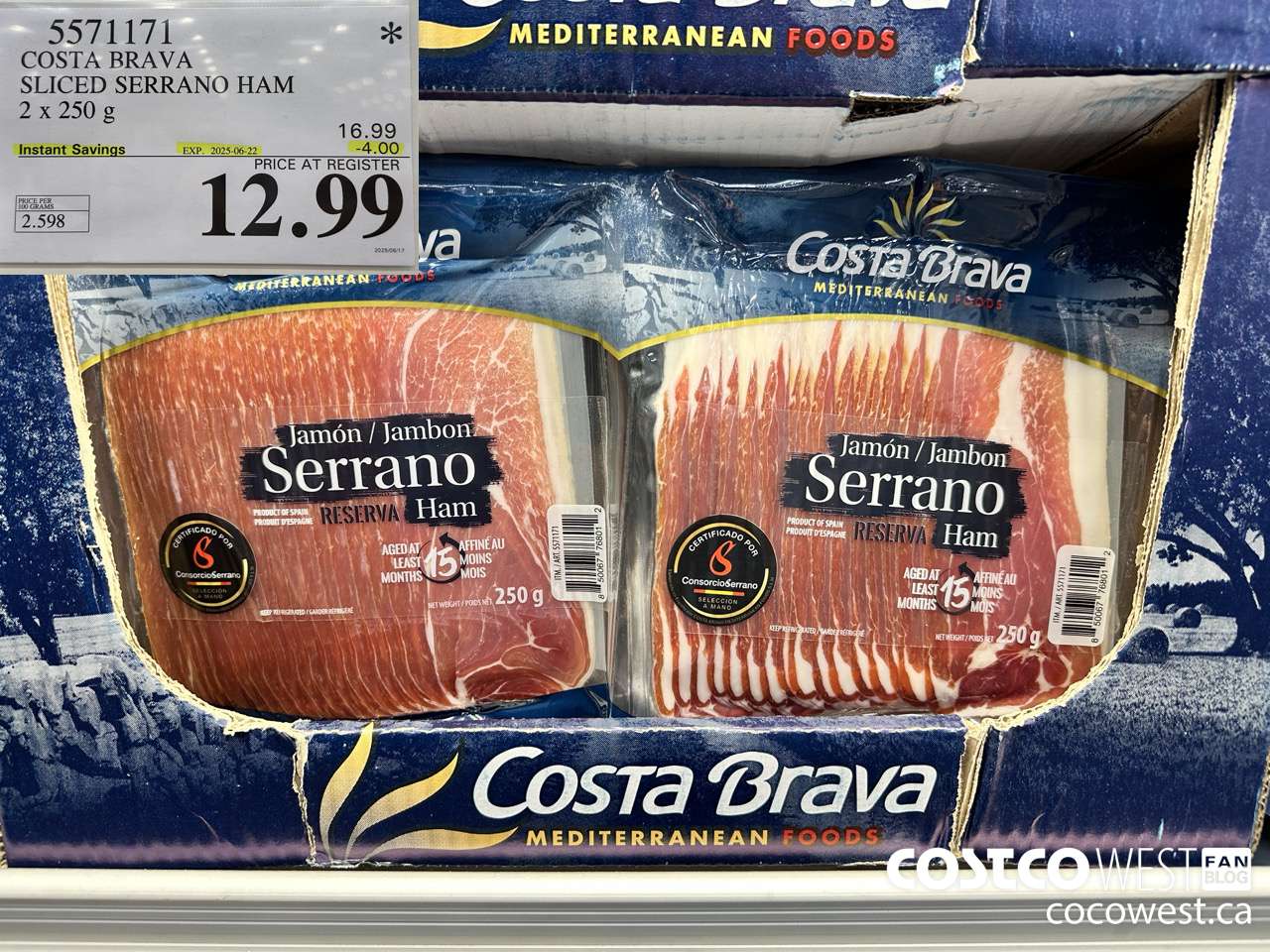5571171 COSTA BRAVA SLICED SERRANO HAM 2 X 250G ($4.00 INSTANT SAVINGS EXPIRES ON 2025-06-22) $12.99