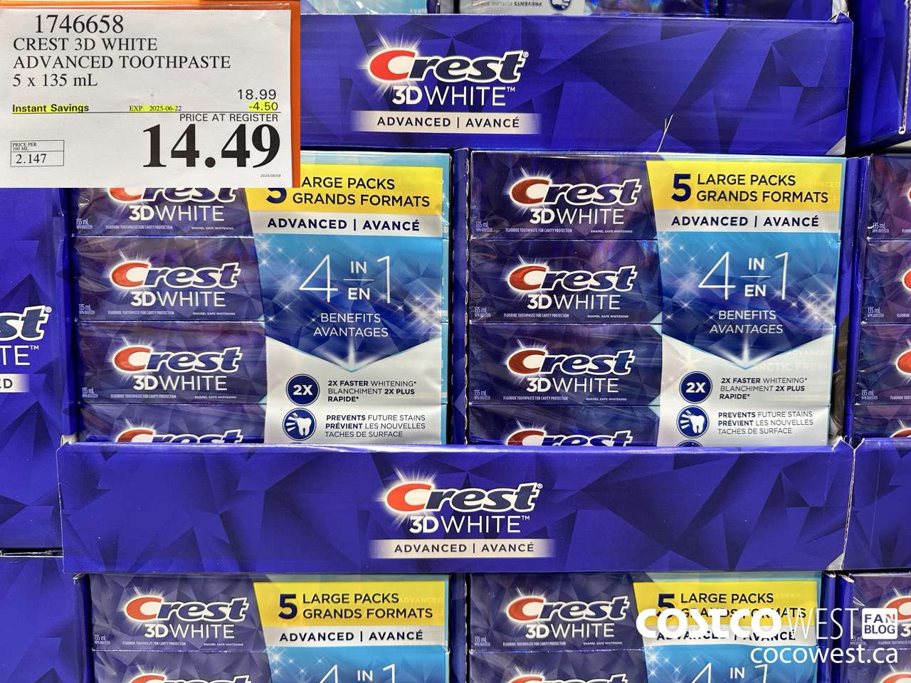 1746658 CREST 3D WHITE ADVANCED TOOTHPASTE 5 X 135ML ($4.50 INSTANT SAVINGS EXPIRES ON 2025-06-22) $14.49
