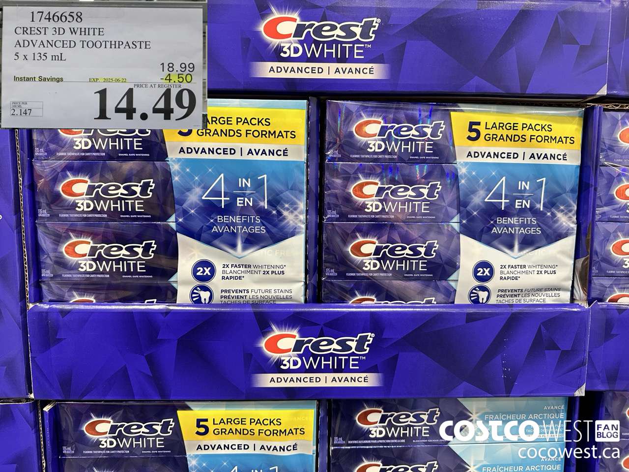 1746658 CREST 3D WHITE ADVANCED TOOTHPASTE 5 X 135ML ($4.50 INSTANT SAVINGS EXPIRES ON 2025-06-22) $14.49