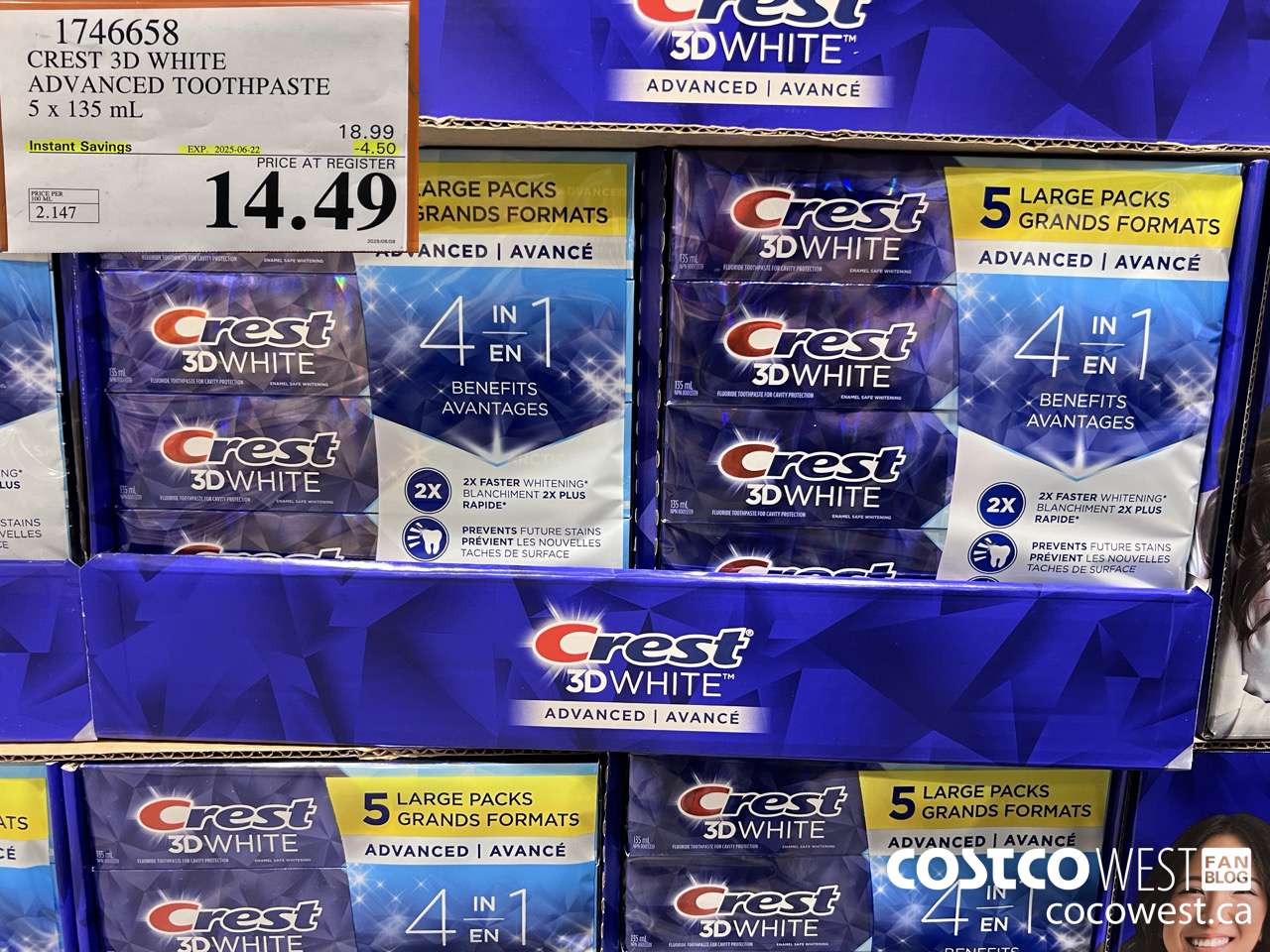 1746658 CREST 3D WHITE ADVANCED TOOTHPASTE 5 X 135ML ($4.50 INSTANT SAVINGS EXPIRES ON 2025-06-22) $14.49