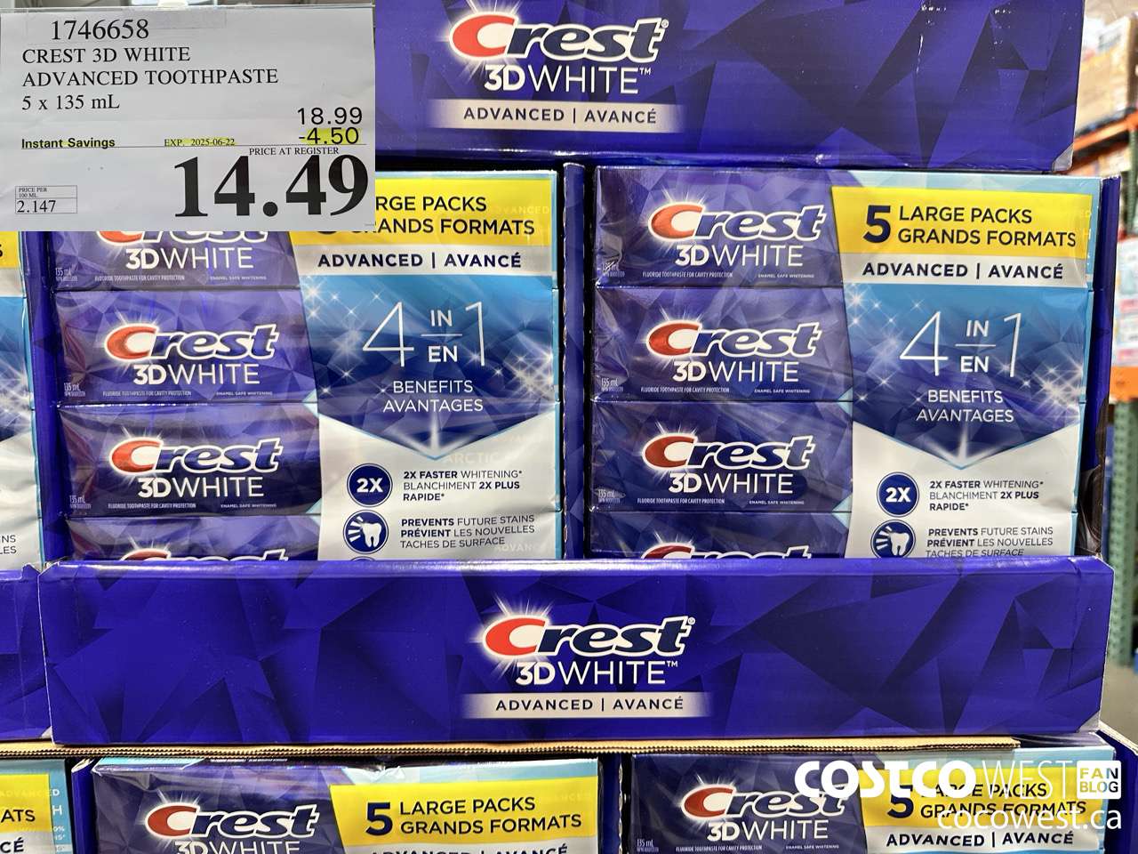 1746658 CREST 3D WHITE ADVANCED TOOTHPASTE 5 X 135ML ($4.50 INSTANT SAVINGS EXPIRES ON 2025-06-22) $14.49