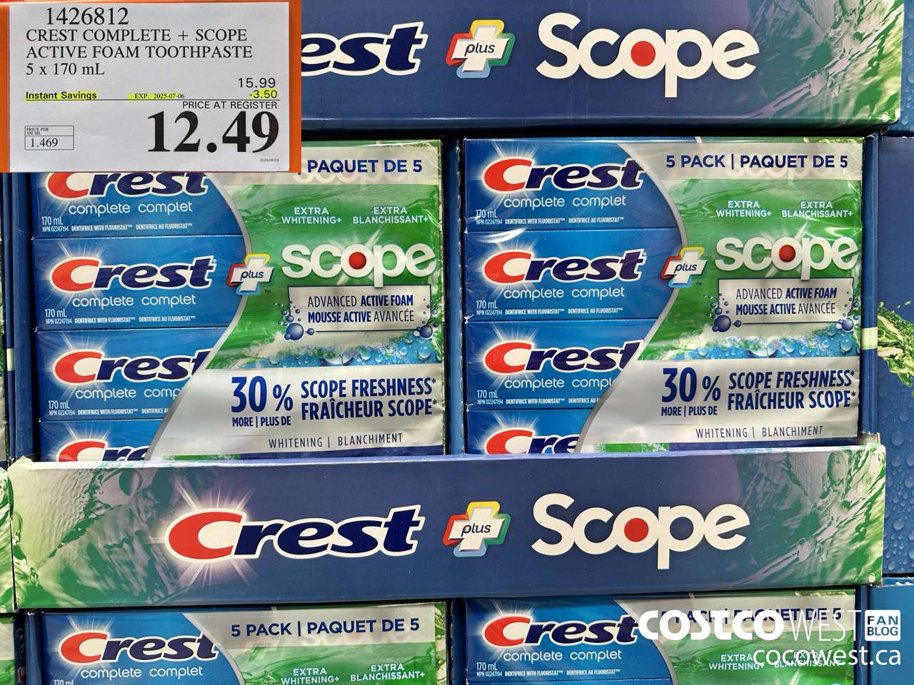 1426812 CREST COMPLETE + SCOPE ACTIVE FOAM TOOTHPASTE 5 x 170ml  ($3.50 INSTANT SAVINGS EXPIRES ON 2025-07-06) $12.49