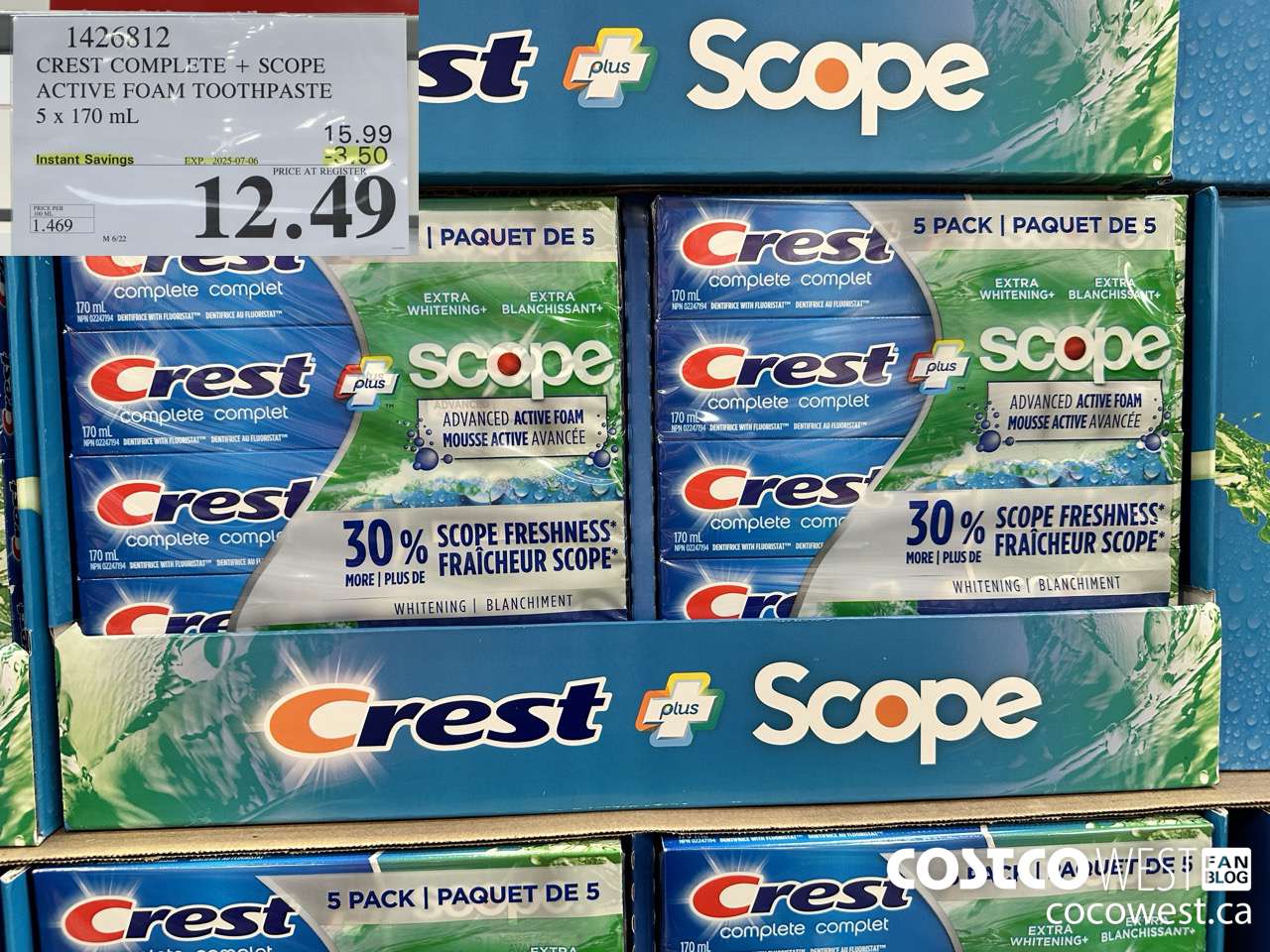 1426812 CREST COMPLETE + SCOPE ACTIVE FOAM TOOTHPASTE 5 x 170ml  ($3.50 INSTANT SAVINGS EXPIRES ON 2025-07-06) $12.49