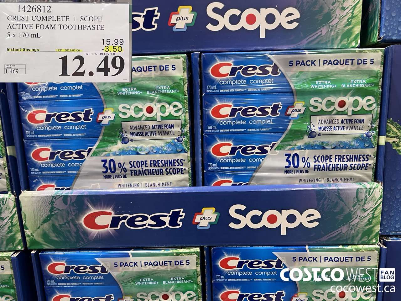 1426812 CREST COMPLETE + SCOPE ACTIVE FOAM TOOTHPASTE 5 x 170ml  ($3.50 INSTANT SAVINGS EXPIRES ON 2025-07-06) $12.49