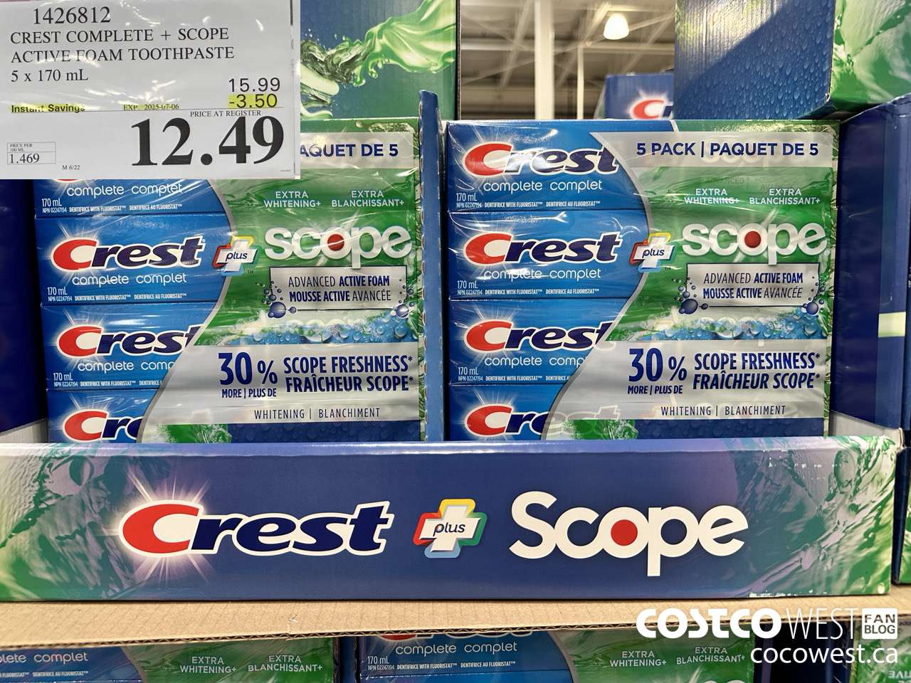 1426812 CREST COMPLETE + SCOPE ACTIVE FOAM TOOTHPASTE 5 x 170ml  ($3.50 INSTANT SAVINGS EXPIRES ON 2025-07-06) $12.49