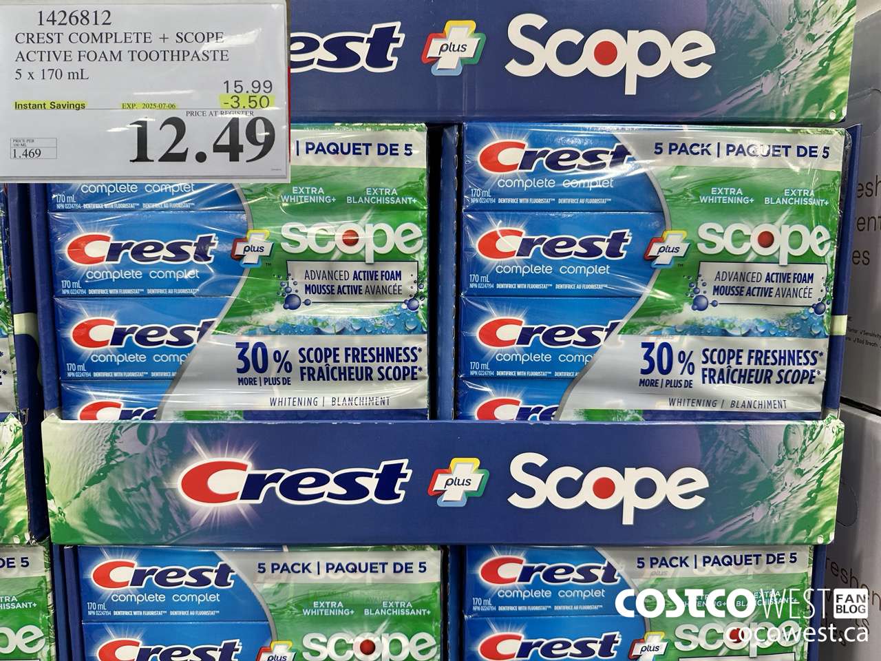 1426812 CREST COMPLETE + SCOPE ACTIVE FOAM TOOTHPASTE 5 x 170ml  ($3.50 INSTANT SAVINGS EXPIRES ON 2025-07-06) $12.49