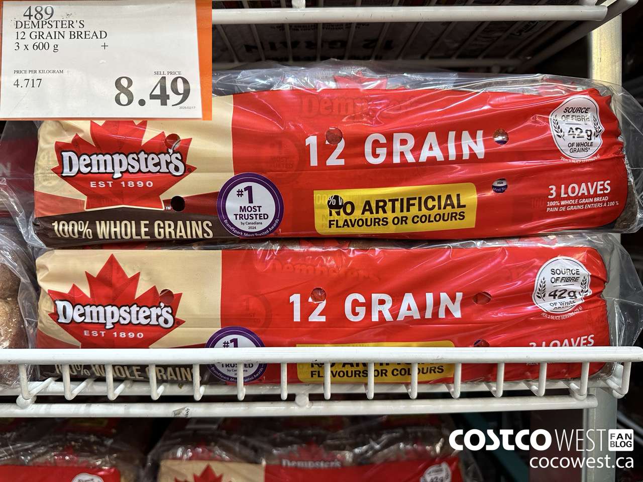 489 DEMPSTER'S 100% WHOLE GRAINS 12 GRAIN BREAD 3 X 600 G $8.49