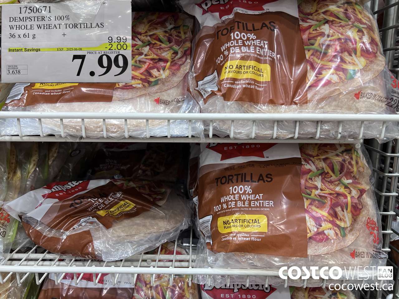 1750671 DEMPSTER'S 100% WHOLE WHEAT TORTILLAS 36 X 61 G ($2.00 INSTANT SAVINGS EXPIRES ON 2025-06-08) $7.99