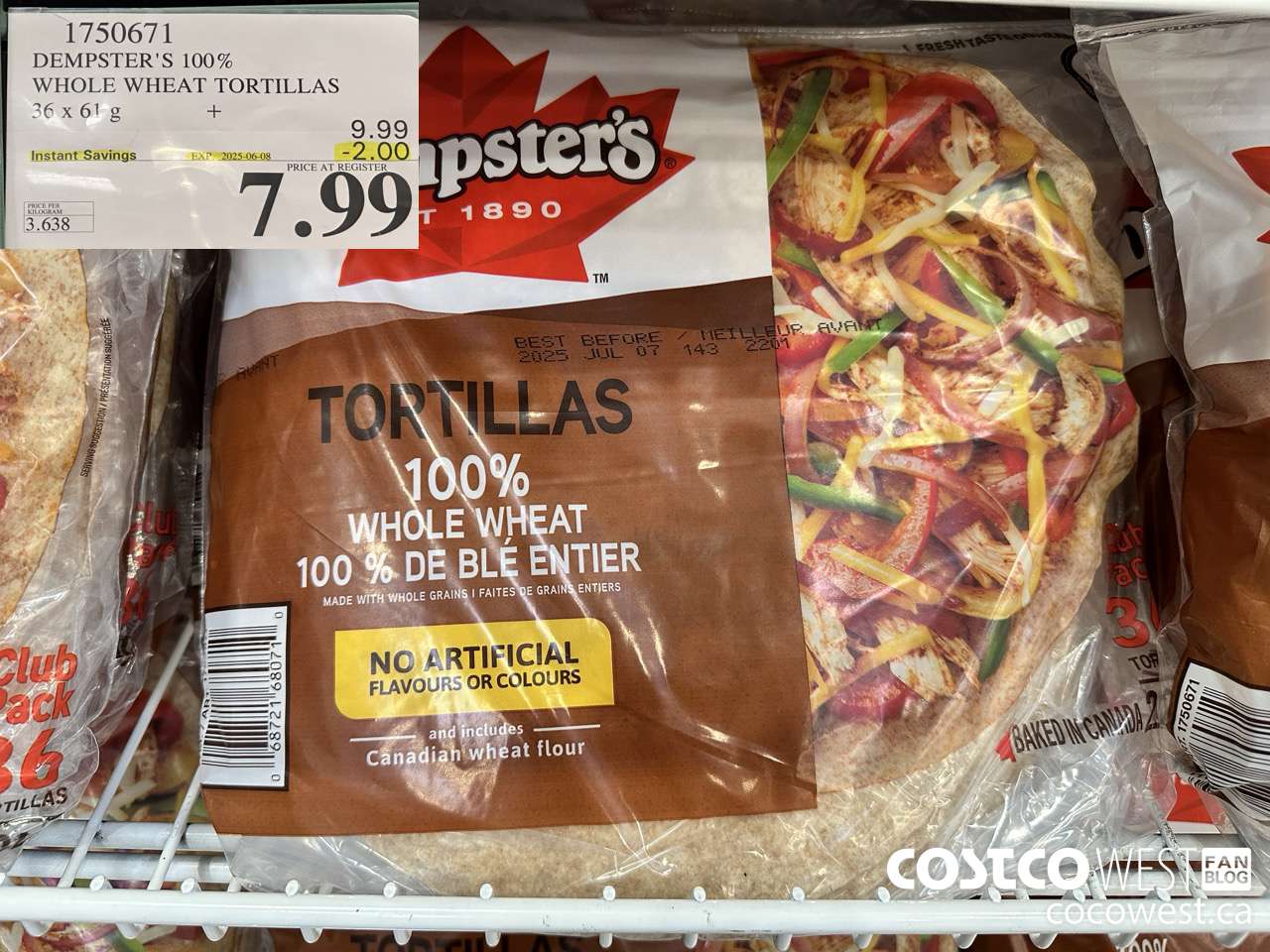 1750671 DEMPSTER'S 100% WHOLE WHEAT TORTILLAS 36 X 61 G ($2.00 INSTANT SAVINGS EXPIRES ON 2025-06-08) $7.99