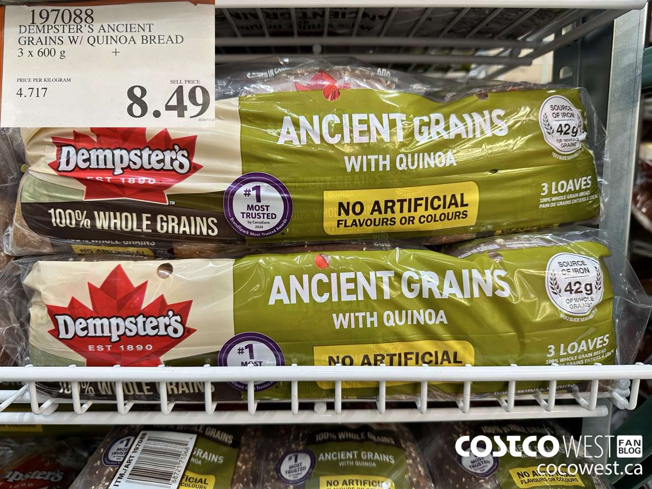 197088 DEMPSTER'S ANCIENT GRAINS W/ QUINOA BREAD 3 x 600 g $8.49