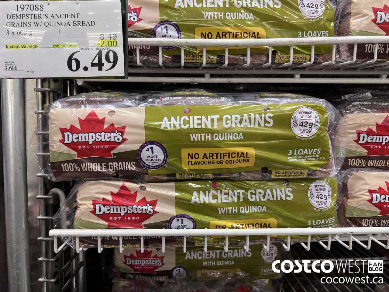 197088 DEMPSTER'S ANCIENT GRAINS W/ QUINOA BREAD 3 x 600 g ($2.00 INSTANT SAVINGS EXPIRES ON 2025-06-22) $6.49