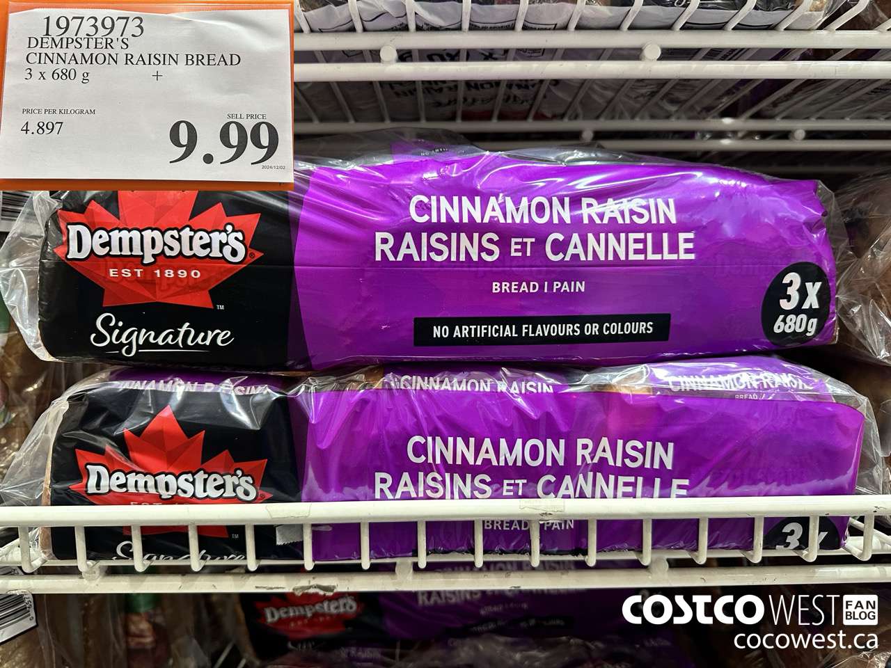 1973973 DEMPSTER'S CINNAMON RAISIN BREAD 3 x 680g $9.99