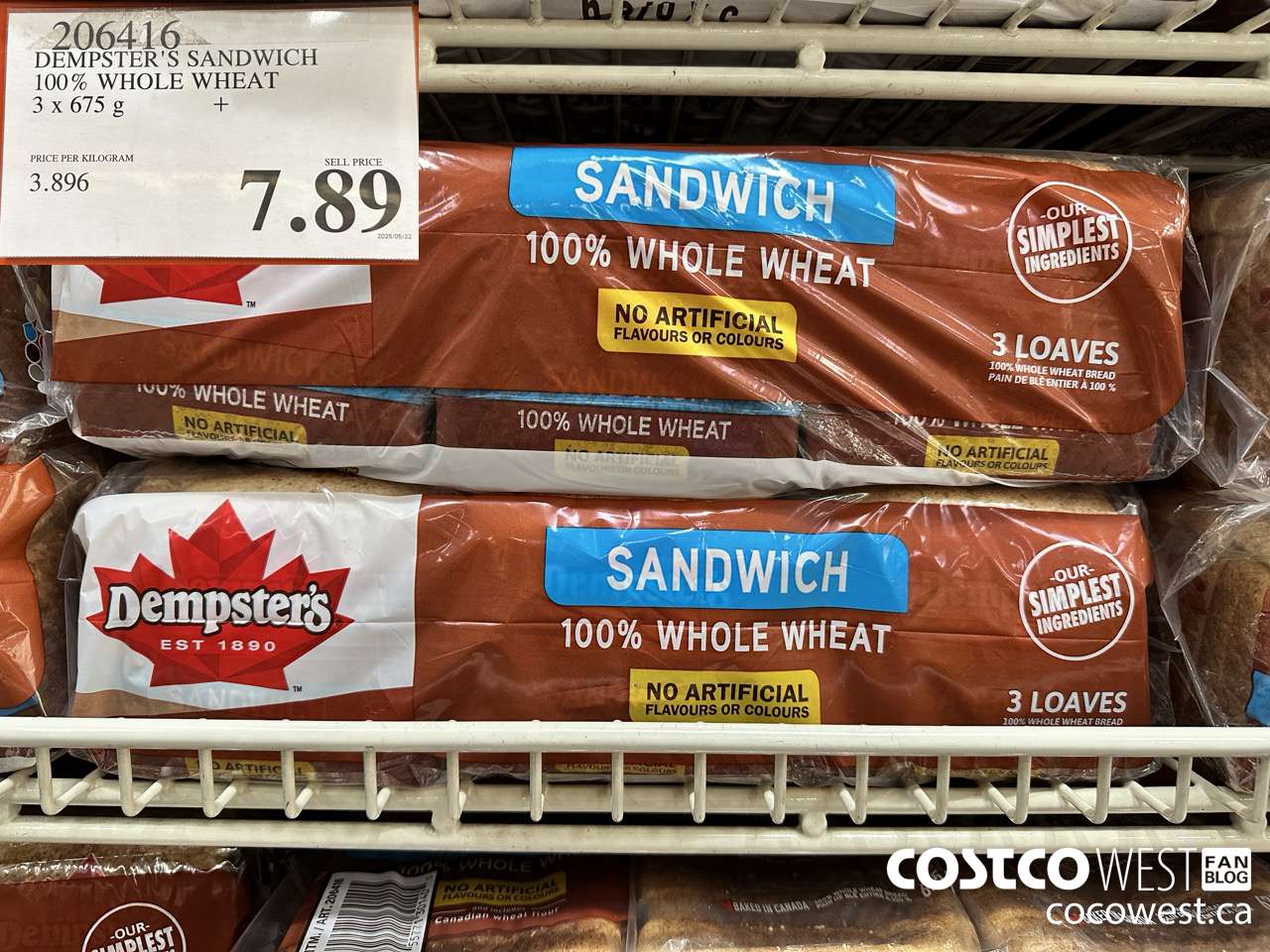 206416 DEMPSTER'S SANDWICH 100% WHOLE WHEAT PACK OF 3 x 675 g $7.89