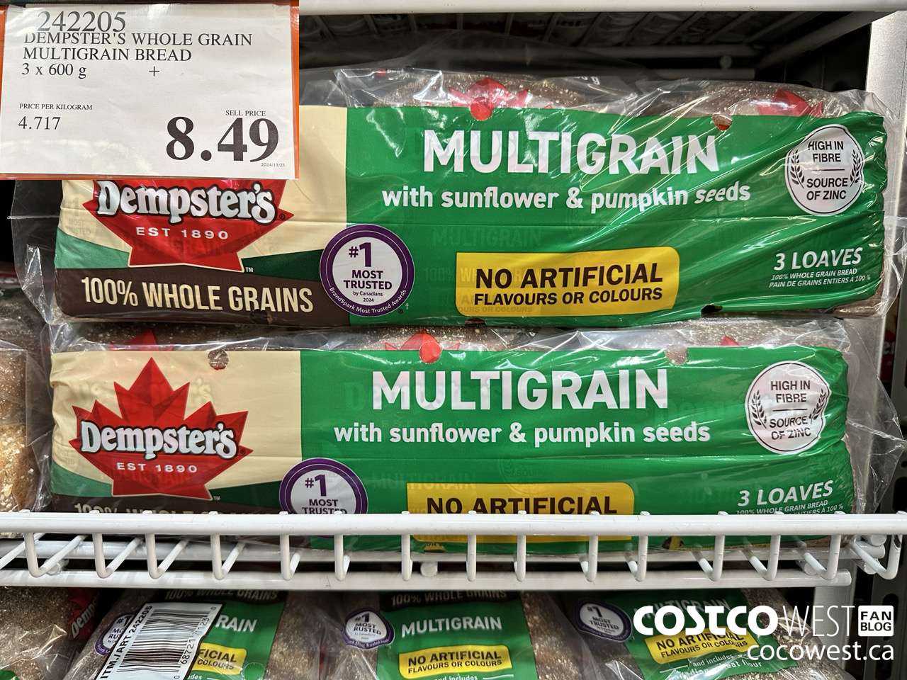 242205 DEMPSTER'S WHOLE GRAIN MULTIGRAIN BREAD 3 X 600 G $8.49
