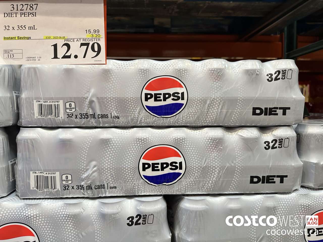312787 DIET PEPSI 32 X 355 ML ($3.20 INSTANT SAVINGS EXPIRES ON 2025-06-08) $12.79