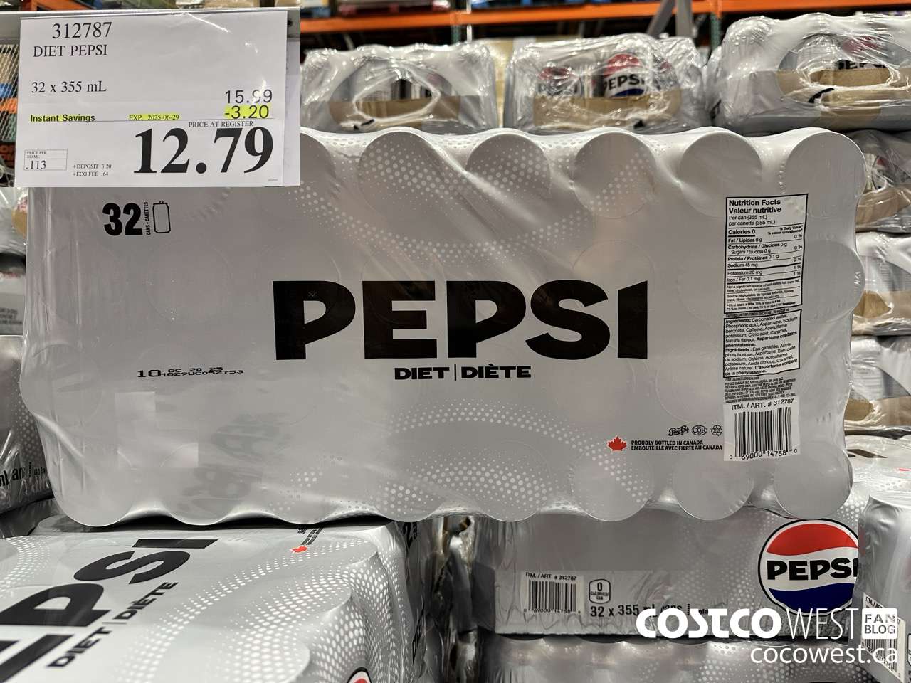 312787 DIET PEPSI 32 X 355 ML ($3.20 INSTANT SAVINGS EXPIRES ON 2025-06-29) $12.79