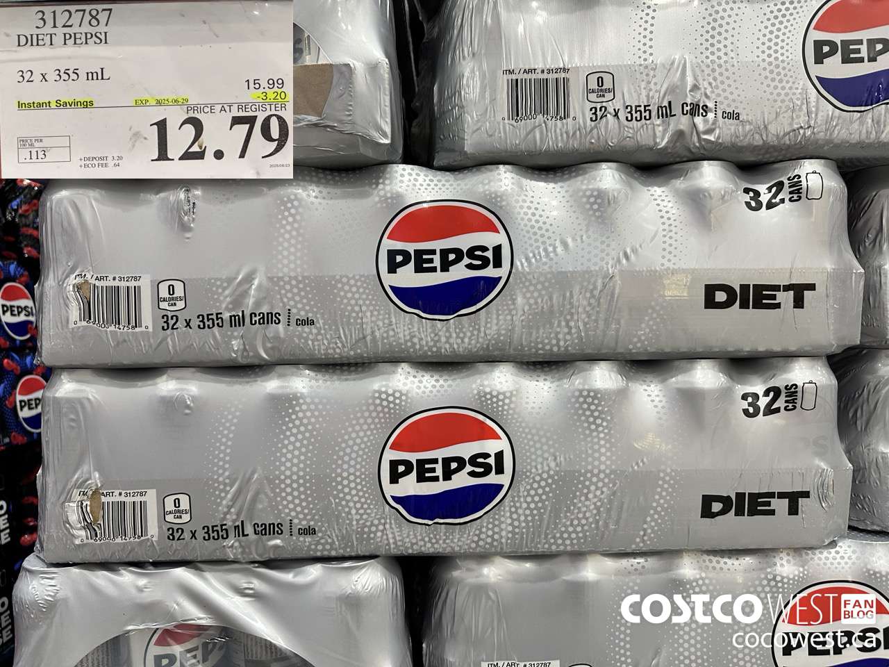 312787 DIET PEPSI 32 X 355 ML ($3.20 INSTANT SAVINGS EXPIRES ON 2025-06-29) $12.79