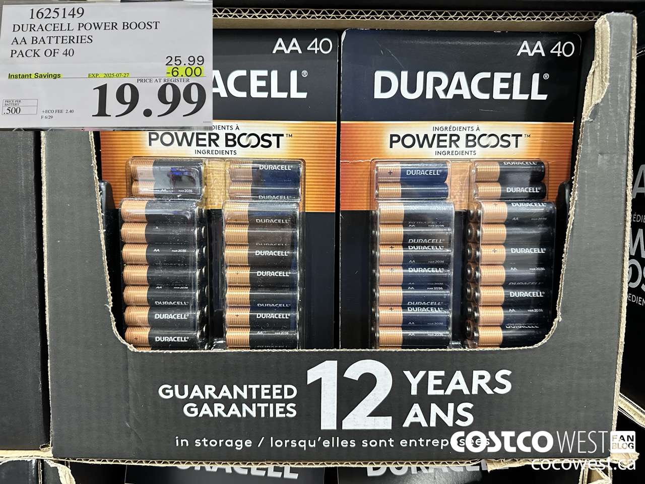 1625149 DURACELL POWER BOOST AA BATTERIES PACK OF 40 ($6.00 INSTANT SAVINGS EXPIRES ON 2025-07-27) $19.99