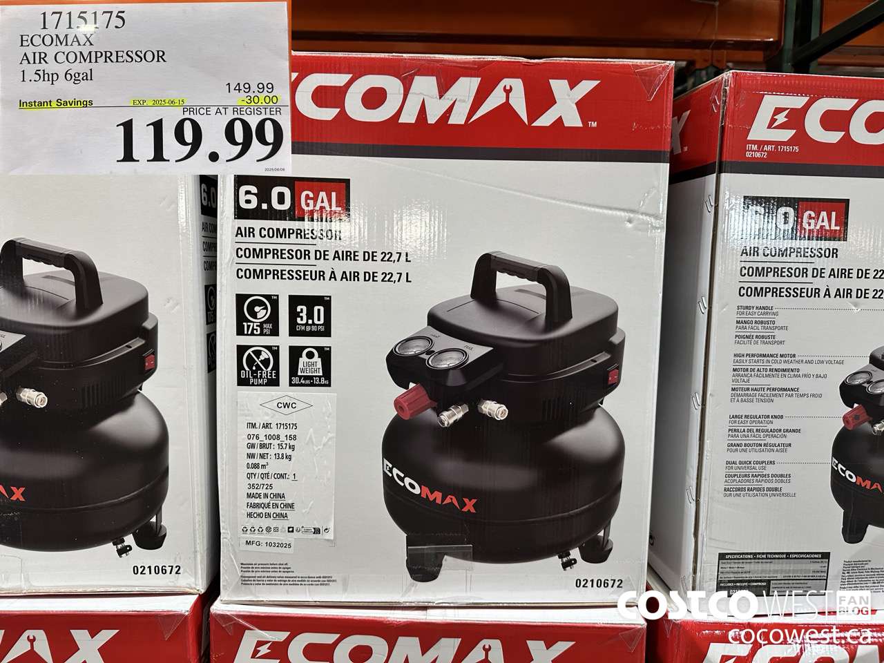 1715175 ECOMAX AIR COMPRESSOR 1.5HP 6GAL ($30.00 INSTANT SAVINGS EXPIRES ON 2025-06-15) $119.99