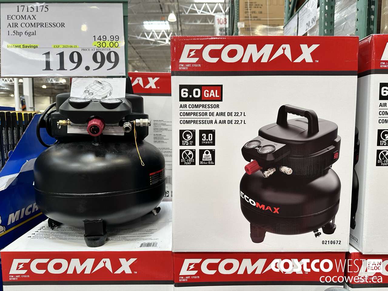 1715175 ECOMAX AIR COMPRESSOR 1.5HP 6GAL ($30.00 INSTANT SAVINGS EXPIRES ON 2025-06-15) $119.99