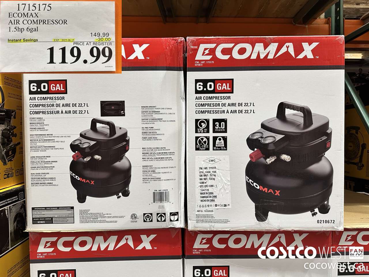 1715175 ECOMAX AIR COMPRESSOR 1.5HP 6GAL ($30.00 INSTANT SAVINGS EXPIRES ON 2025-06-15) $119.99