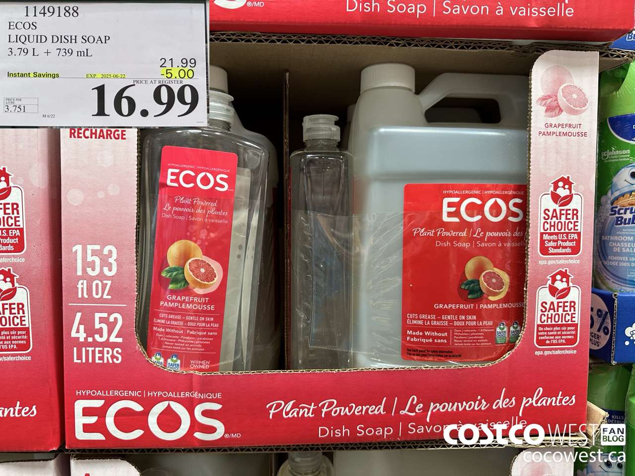1149188 ECOS LIQUID DISH SOAP 3.79 L + 739 ML ($5.00 INSTANT SAVINGS EXPIRES ON 2025-06-22) $16.99