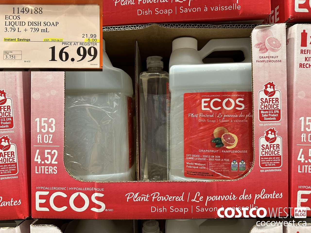 1149188 ECOS LIQUID DISH SOAP 3.79 L + 739 ML ($5.00 INSTANT SAVINGS EXPIRES ON 2025-06-22) $16.99