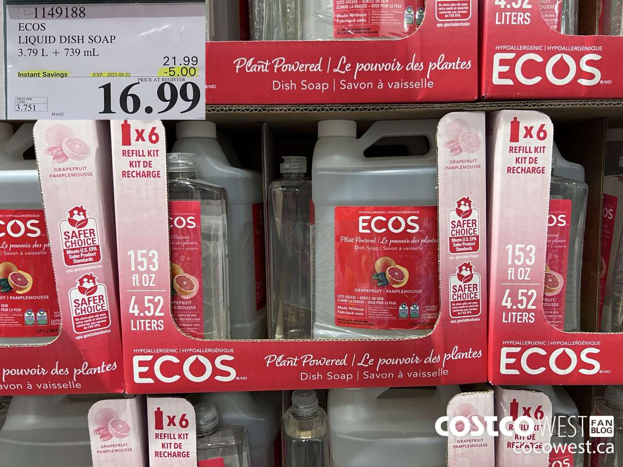 1149188 ECOS LIQUID DISH SOAP 3.79 L + 739 ML ($5.00 INSTANT SAVINGS EXPIRES ON 2025-06-22) $16.99