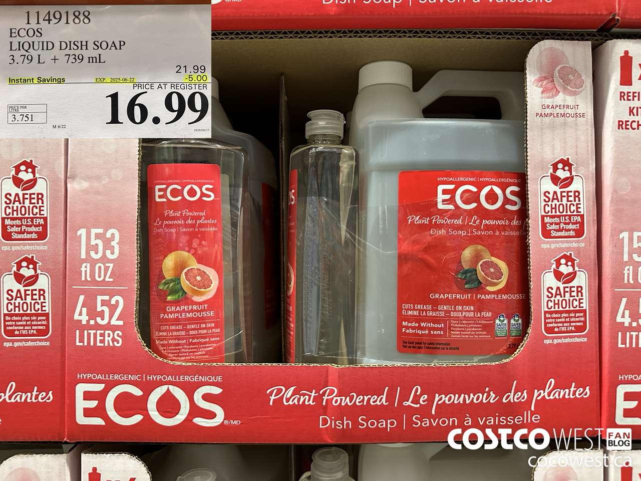 1149188 ECOS LIQUID DISH SOAP 3.79 L + 739 ML ($5.00 INSTANT SAVINGS EXPIRES ON 2025-06-22) $16.99
