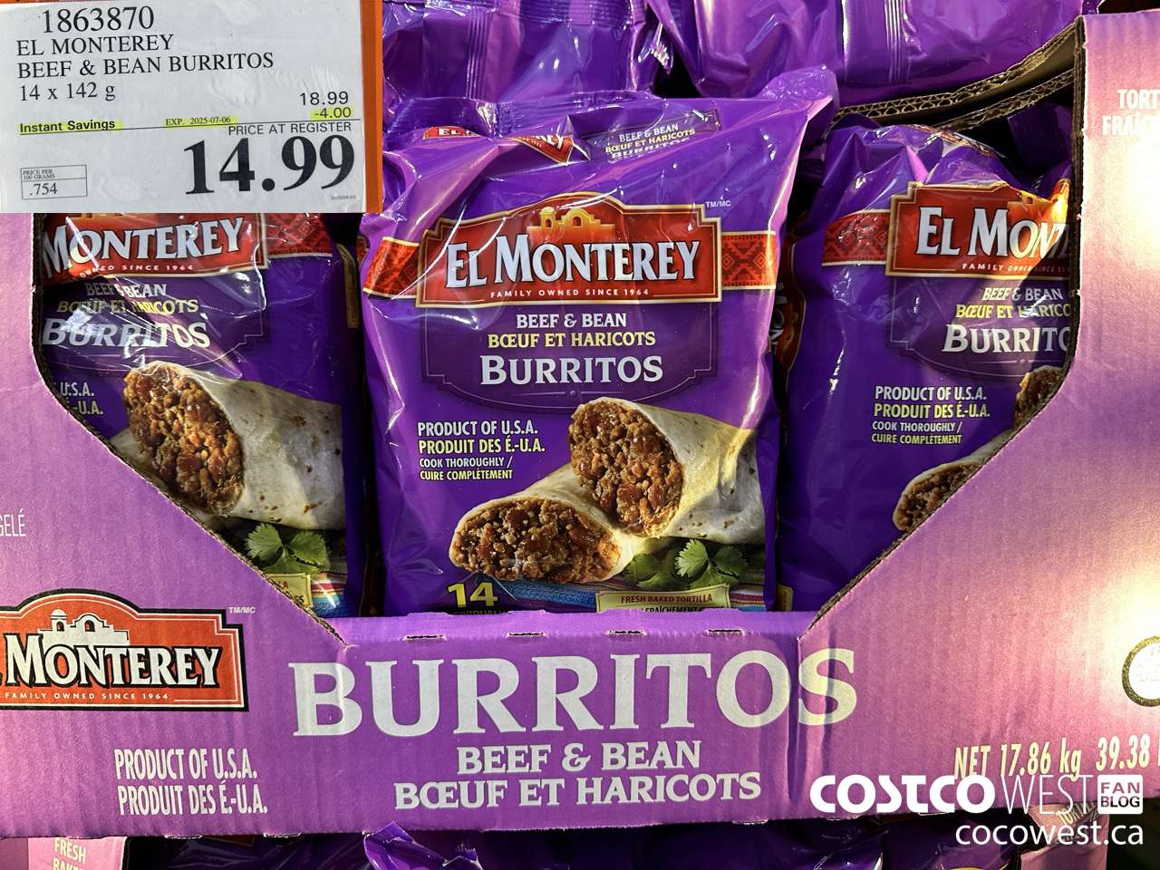1863870 EL MONTEREY BEEF & BEAN BURRITOS 14 X 142G ($4.00 INSTANT SAVINGS EXPIRES ON 2025-07-06) $14.99
