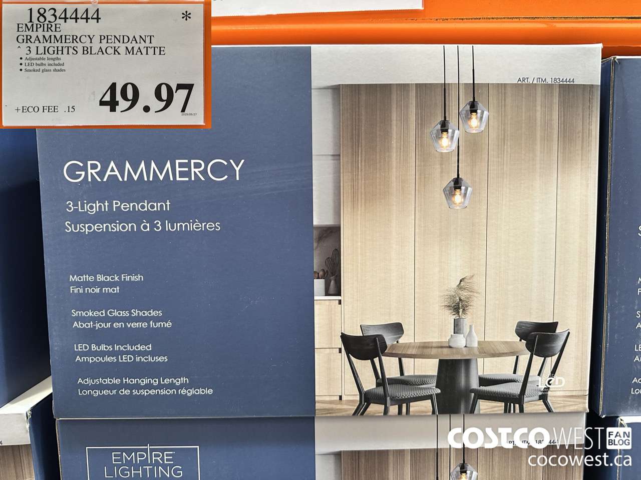 1834444 EMPIRE GRAMMERCY PENDANT 3 LIGHTS BLACK MATTE $49.97