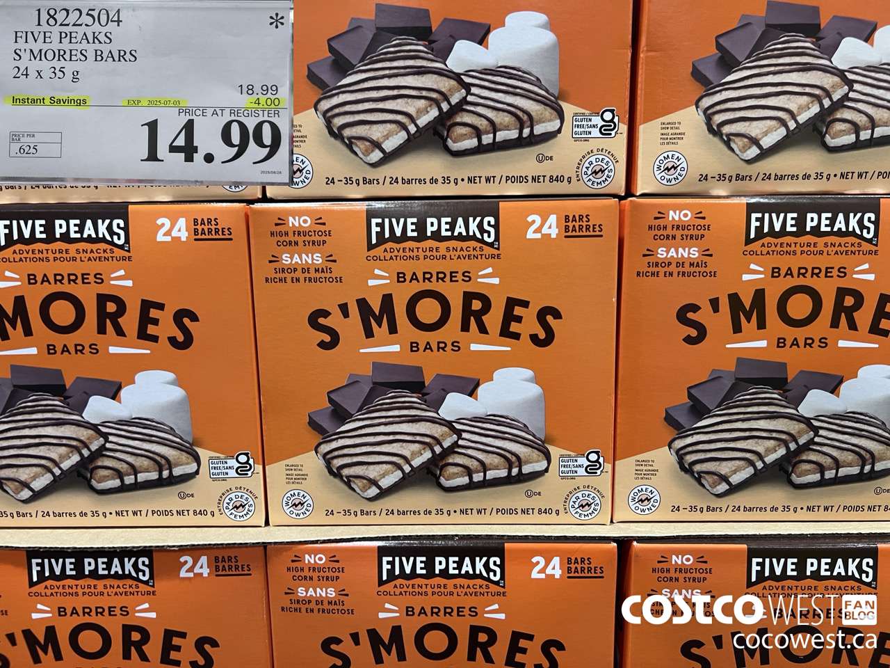 1822504 FIVE PEAKS S'MORES BARS 24 X 35G ($4.00 INSTANT SAVINGS EXPIRES ON 2025-07-03) $14.99