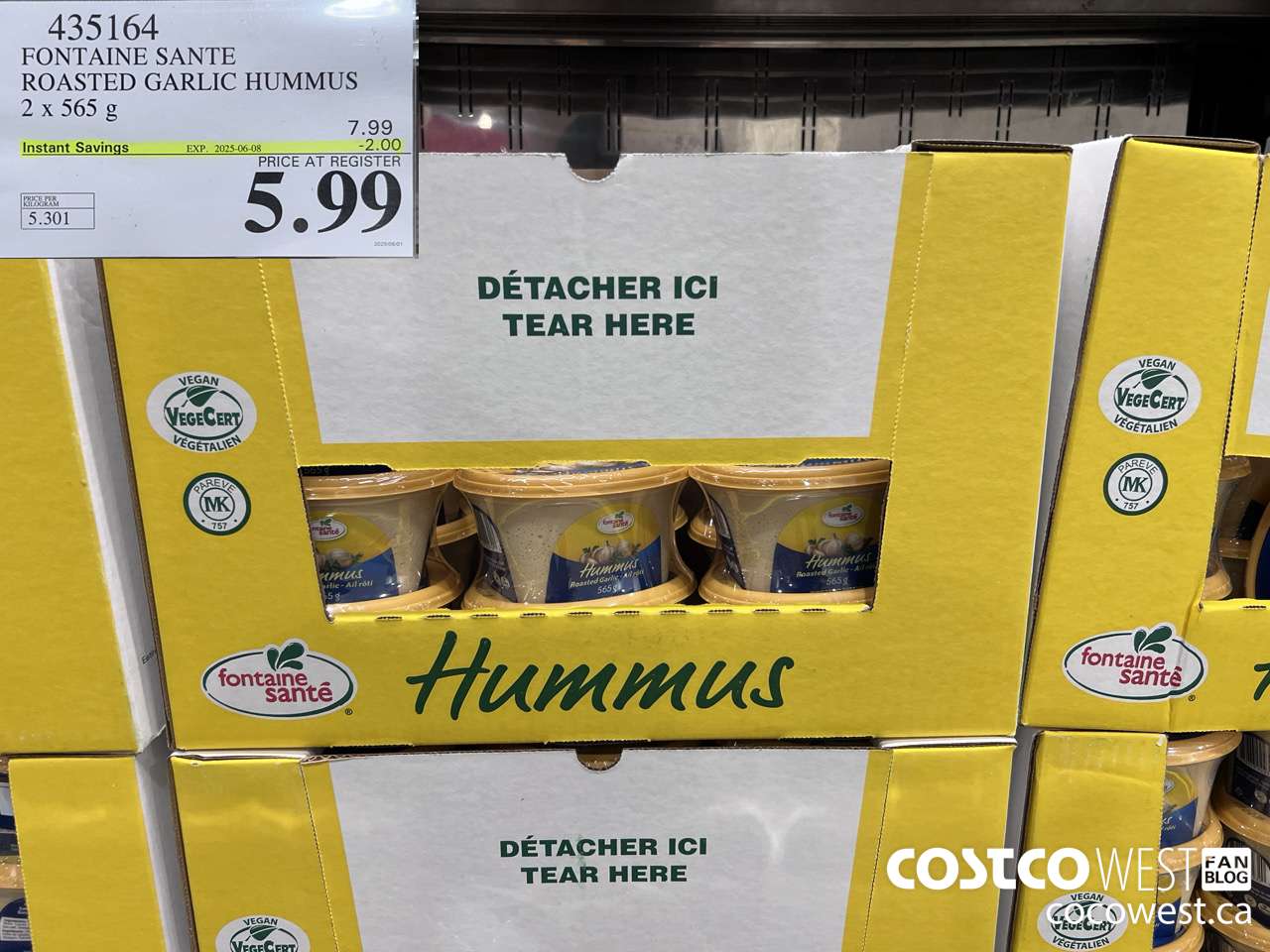 435164 FONTAINE SANTE ROASTED GARLIC HUMMUS 2 x 565 g ($2.00 INSTANT SAVINGS EXPIRES ON 2025-06-08) $5.99