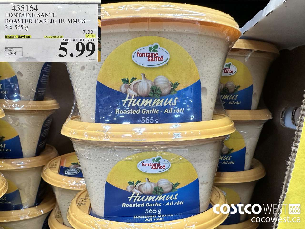 435164 FONTAINE SANTE ROASTED GARLIC HUMMUS 2 x 565 g ($2.00 INSTANT SAVINGS EXPIRES ON 2025-06-08) $5.99