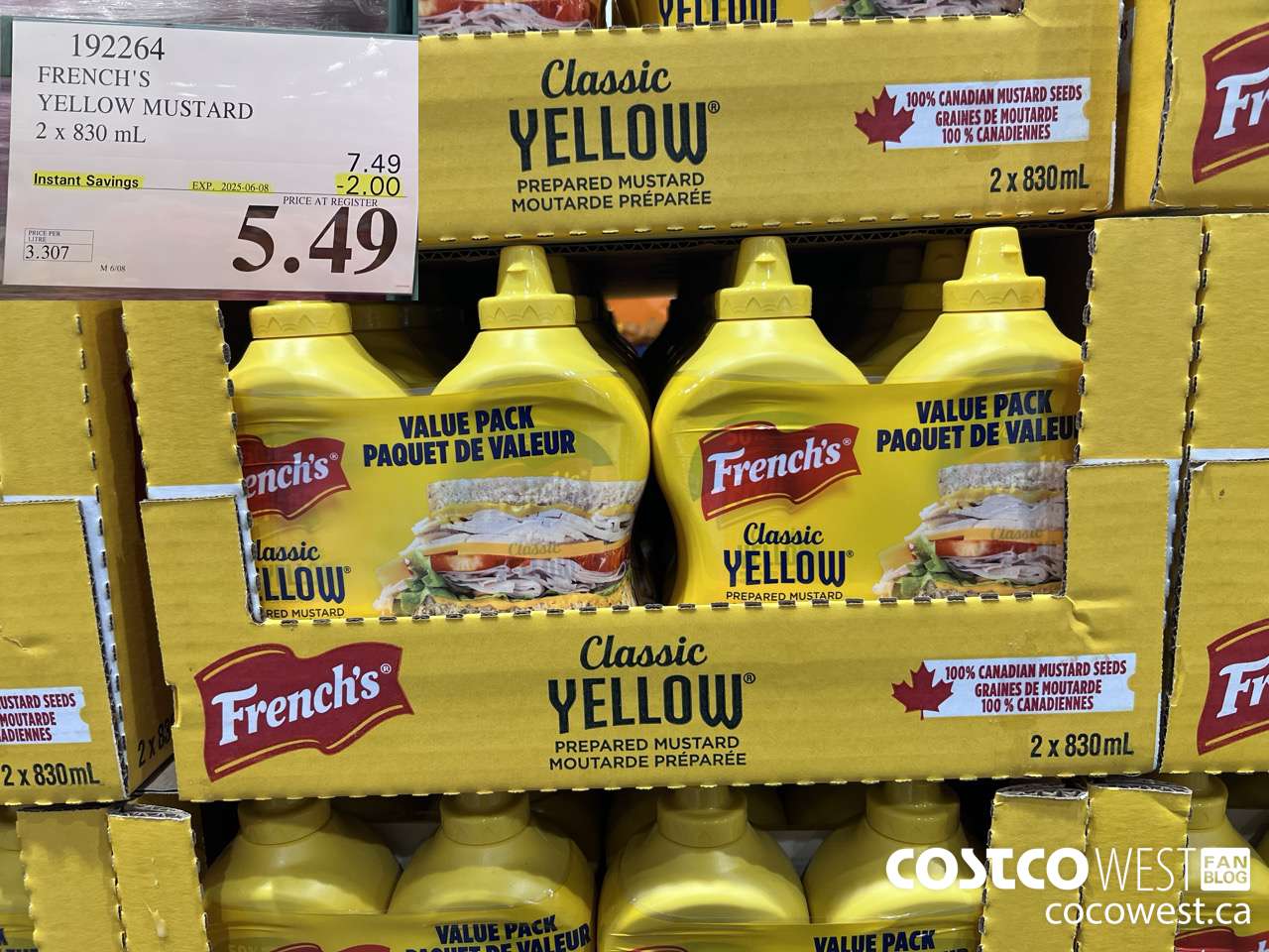 192264 FRENCH'S YELLOW MUSTARD 2 x 830 mL ($2.00 INSTANT SAVINGS EXPIRES ON 2025-06-08) $5.49