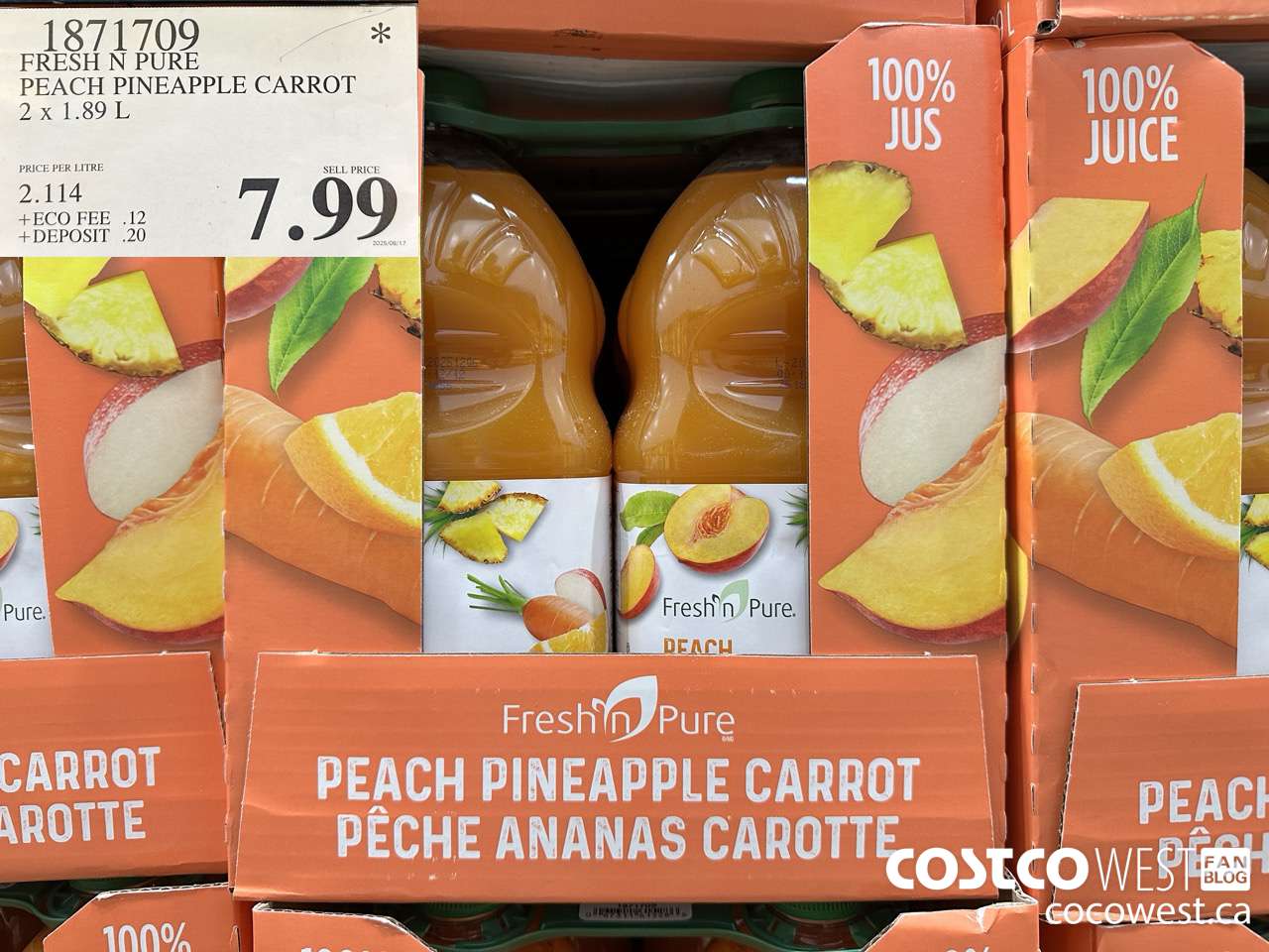 1871709 FRESH N PURE PEACH PINEAPPLE CARROT 2 X 1.89L $7.99