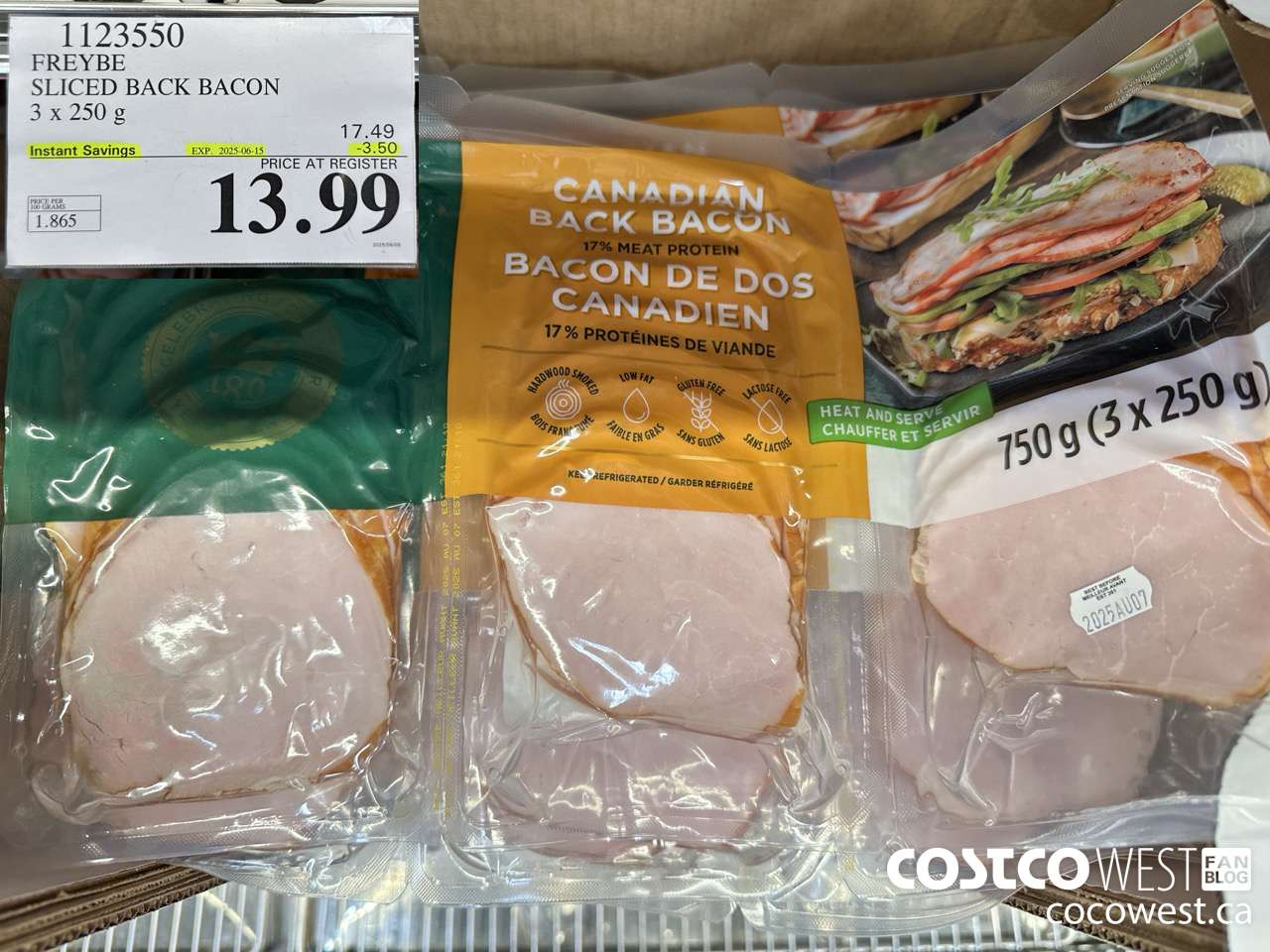 1123550 FREYBE SLICED BACK BACON 3 x 250 g ($3.50 INSTANT SAVINGS EXPIRES ON 2025-06-15) $13.99