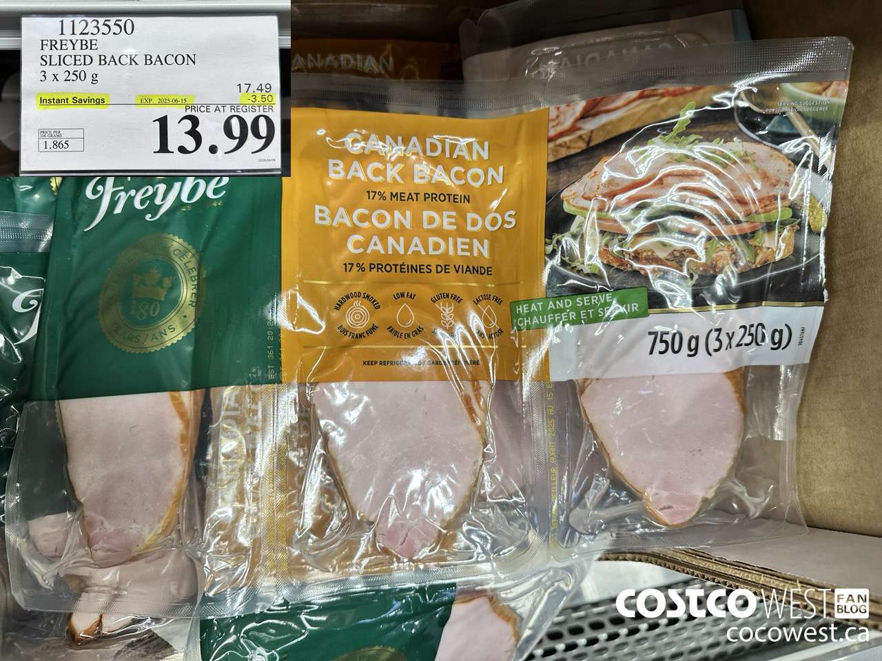 1123550 FREYBE SLICED BACK BACON 3 x 250 g ($3.50 INSTANT SAVINGS EXPIRES ON 2025-06-15) $13.99