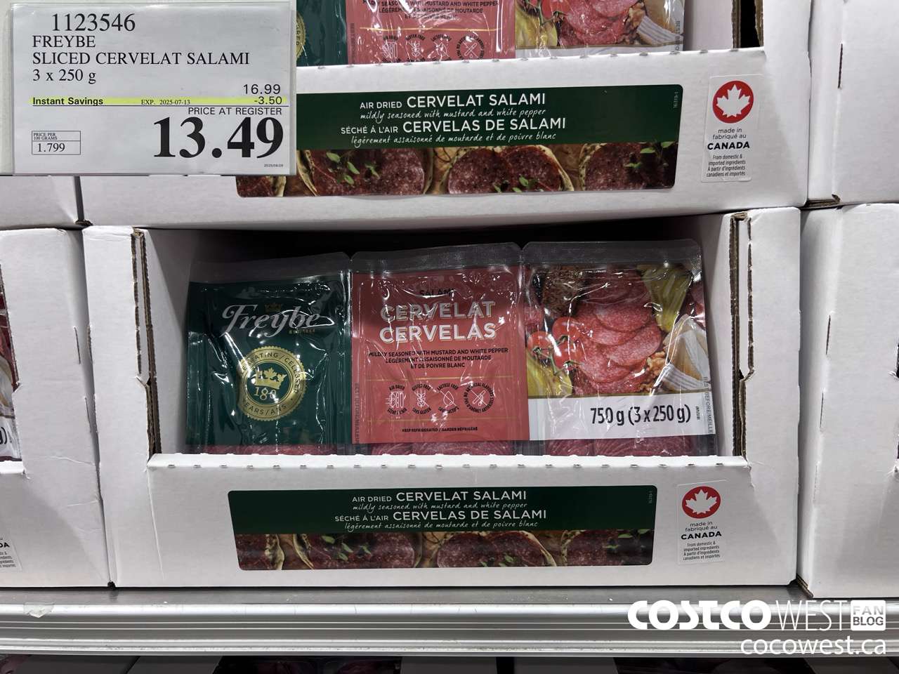 1123546 FREYBE SLICED CERVELAT SALAMI 3 x 250 g ($3.50 INSTANT SAVINGS EXPIRES ON 2025-07-13) $13.49