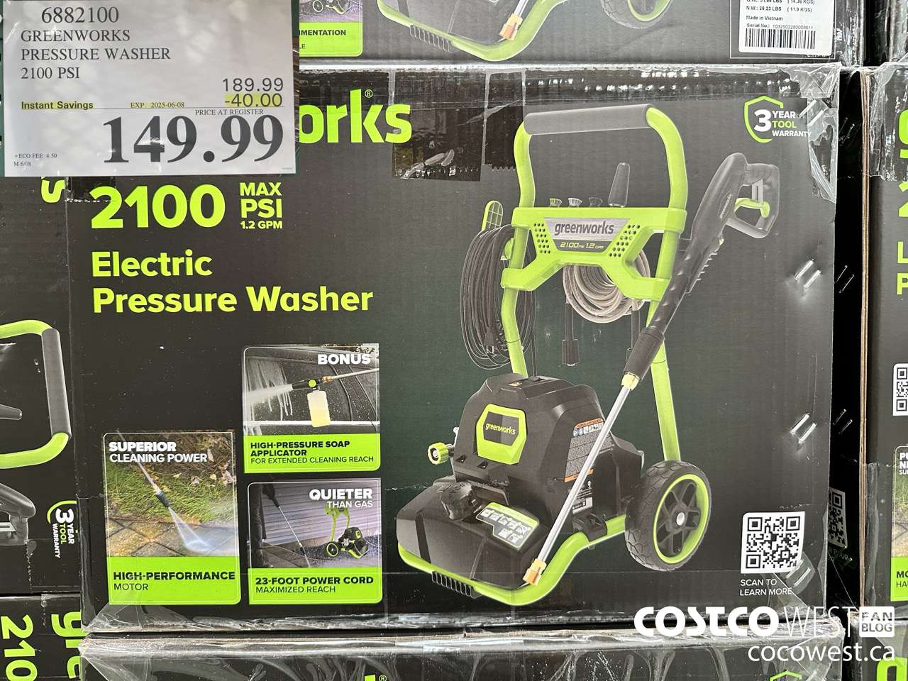 6882100 GREENWORKS PRESSURE WASHER 2100 PSI ($40.00 INSTANT SAVINGS EXPIRES ON 2025-06-08) $149.99