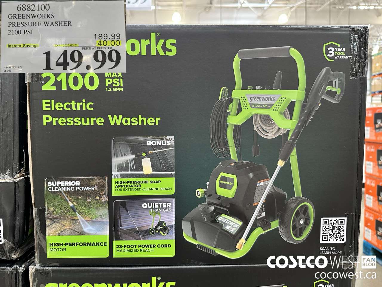 6882100 GREENWORKS PRESSURE WASHER 2100 PSI ($40.00 INSTANT SAVINGS EXPIRES ON 2025-06-22) $149.99
