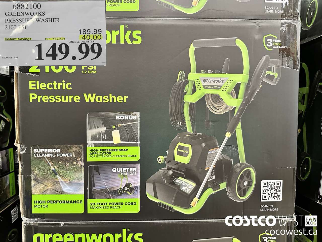 6882100 GREENWORKS PRESSURE WASHER 2100 PSI ($40.00 INSTANT SAVINGS EXPIRES ON 2025-06-29) $149.99