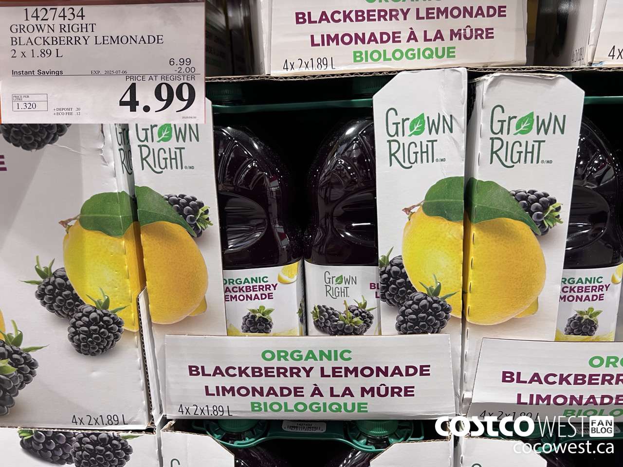 1427434 GROWN RIGHT ORGANIC BLACKBERRY LEMONADE 2 X 1.89L ($2.00 INSTANT SAVINGS EXPIRES ON 2025-07-06) $4.99