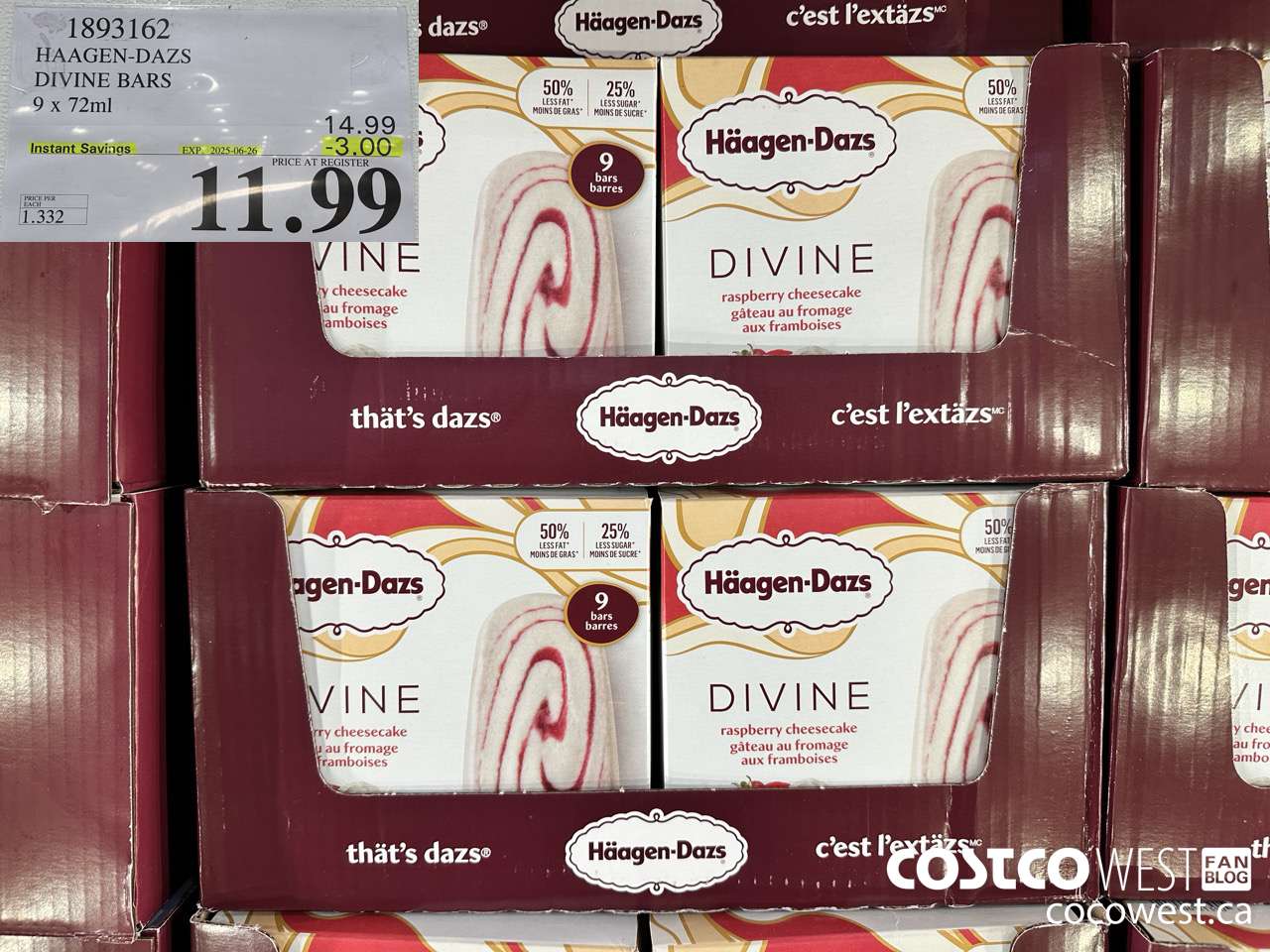 1893162 HAAGEN-DAZS DIVINE BARS 9 X 72ML ($3.00 INSTANT SAVINGS EXPIRES ON 2025-06-26) $11.99
