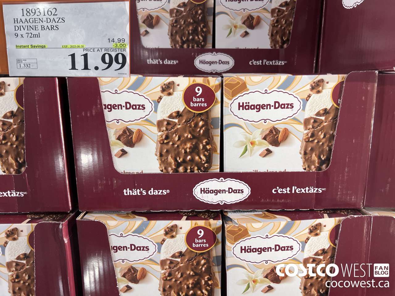 1893162 HAAGEN-DAZS DIVINE BARS 9 X 72ML ($3.00 INSTANT SAVINGS EXPIRES ON 2025-06-30) $11.99