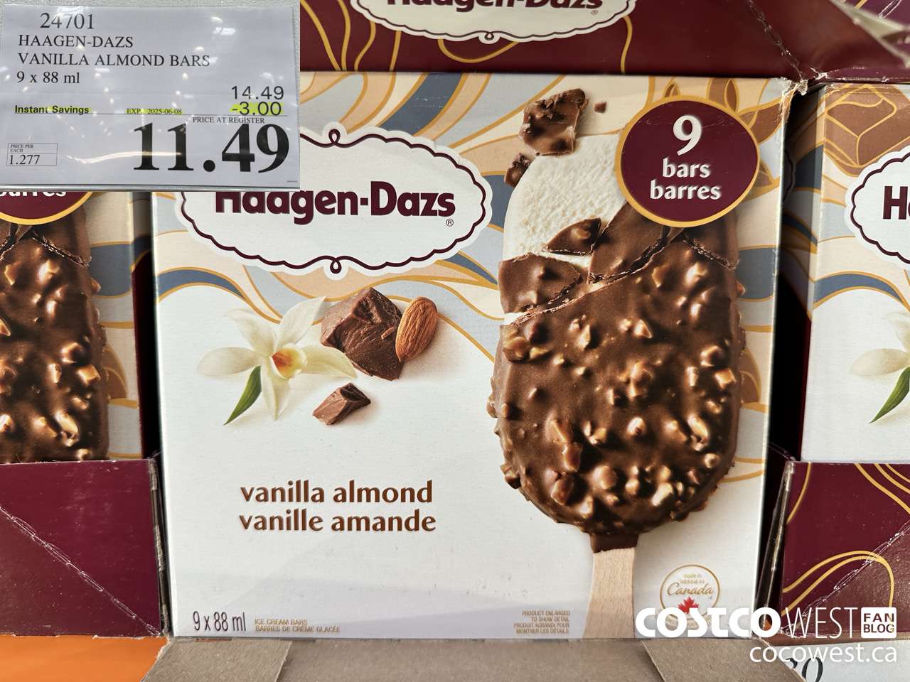 24701 HAAGEN-DAZS VANILLA ALMOND BARS 9 x 88 ml ($3.00 INSTANT SAVINGS EXPIRES ON 2025-06-08) $11.49